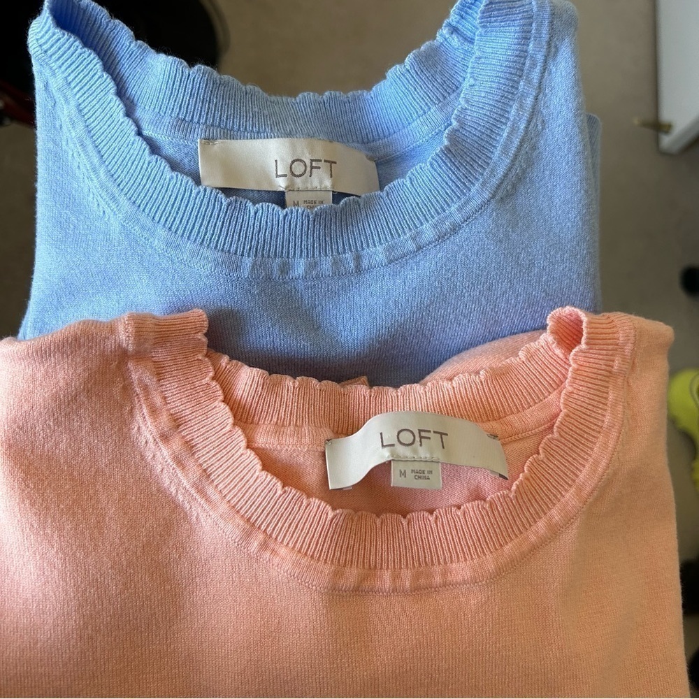 LOFT Set of 2 Short Puff Sleeves Fine Knit Sweater Top Light Women Sz Medium